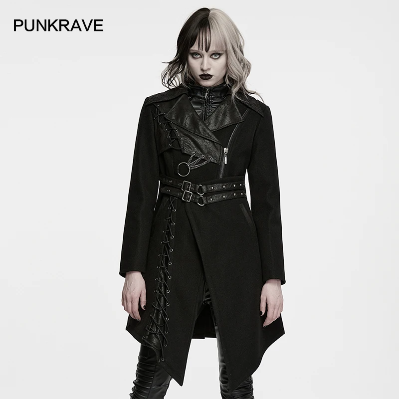 PUNK RAVE Women's Punk Wool Fabric Asymmetrical Jacket Plush Lining Warmth Multi-piece 3D Cutting Large Lapel Collar Club Coat