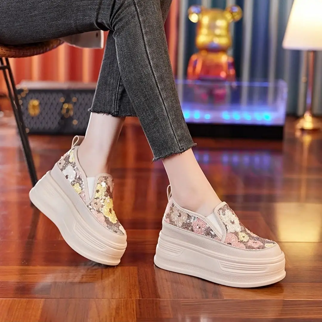 Sequin Flower Woman Platform Sneakers Wedge Shoes Female 8cm Height Increasing Ladies Breathable Cloth Casual Shoes Canvas Shoes
