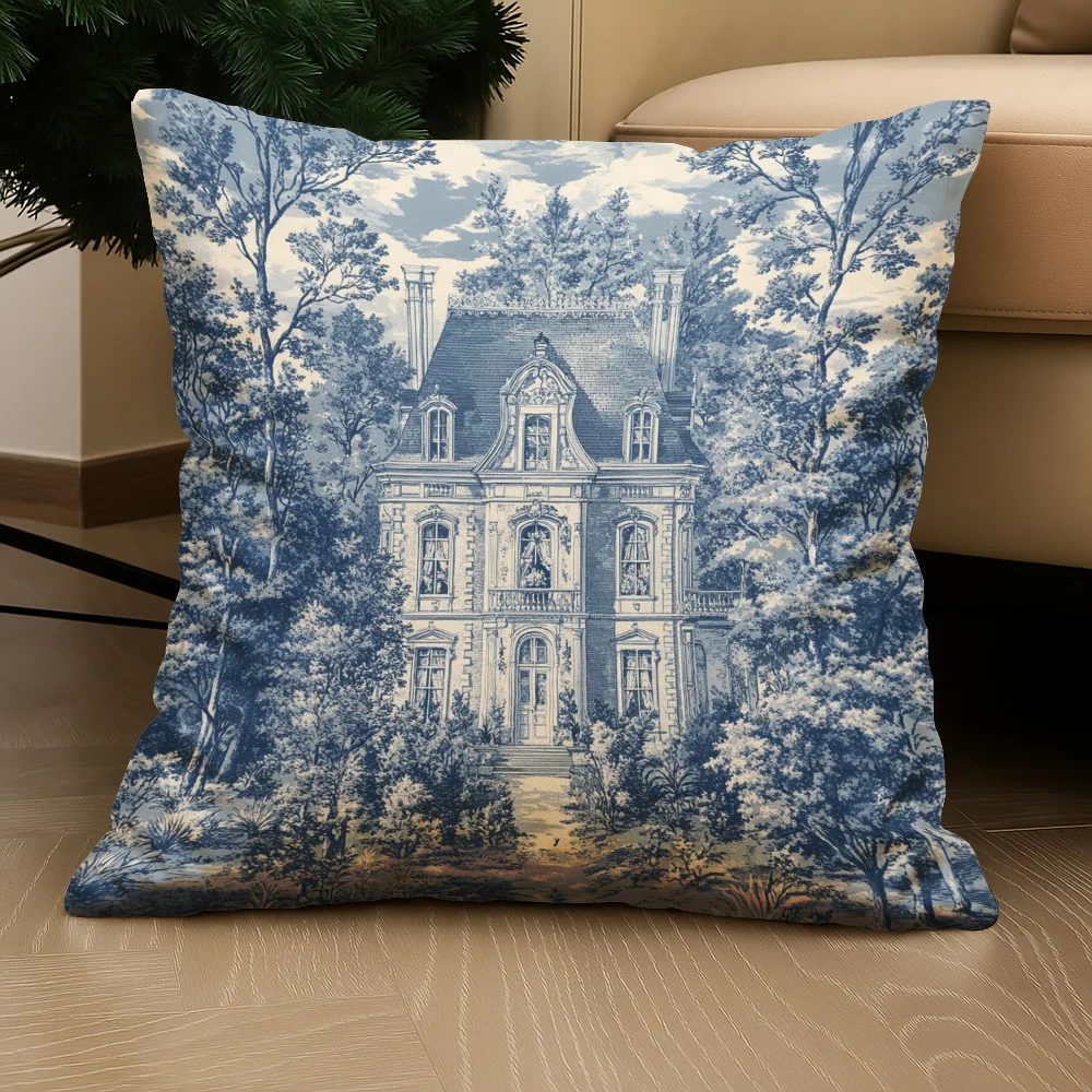 1pc French Touy Blue and White Classic European Mansion Printed Cushion Cover - Luxurious French-Style Country Pillowcase with Zipper Closure, Machine Washable, Suitable for Sofa, Bed, Living Room - French-Style Provincial Decorative Accent
