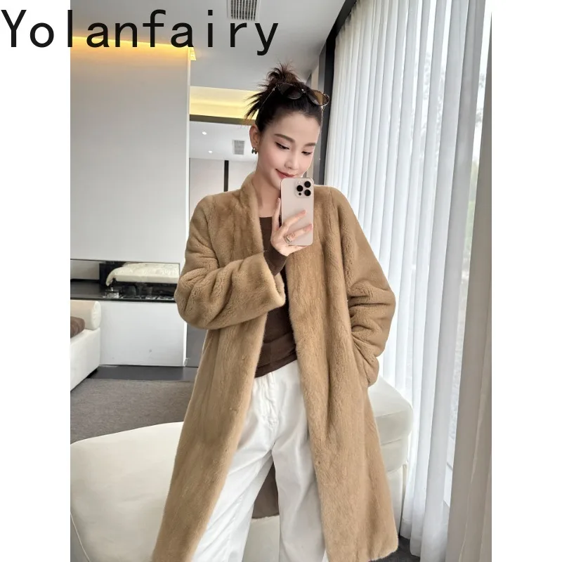 YOLANFAIRY Long Purple Label Velvet Mink Fur Coat Women Furry Overcoat Warm Winter Fur Jacket V-neck Tops Outerwear Шуба 103cm