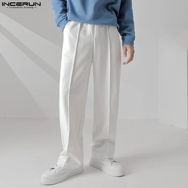 INCERUN Men Casual Pants Solid Color Joggers Loose Elastic Waist Straight Trousers Men Streetwear 2024 Fashion Korean Long Pants