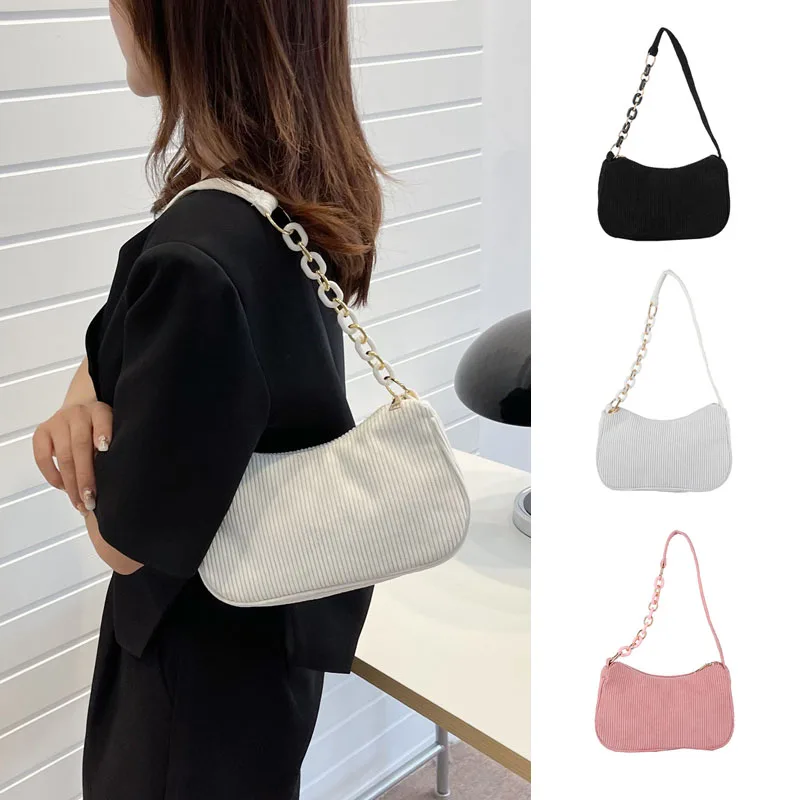 2023 Fashion Vintage Women\'s Handbags Corduroy Underarm Bag Casual Women Shoulder Bags Solid Color Zipper Female Handbag Clutch