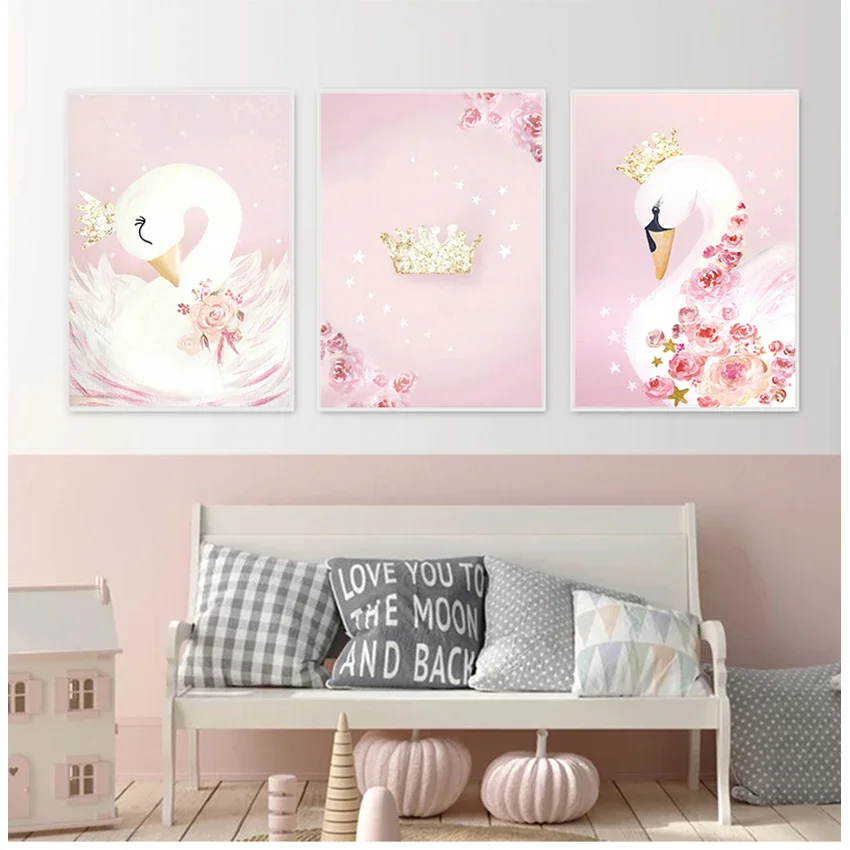 Decorative Pink Picture Kids Girl Room Decoration Swan Princess Posters Canvas Painting Baby Girls Room Wall Art Prints Nursery