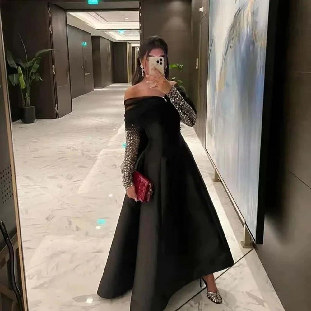 

Customized Jiayigong Elegant High Quality Satin Prom Dresses Long Sleeves Off the Shoulder Formal Occasion Zipper Back Evening G