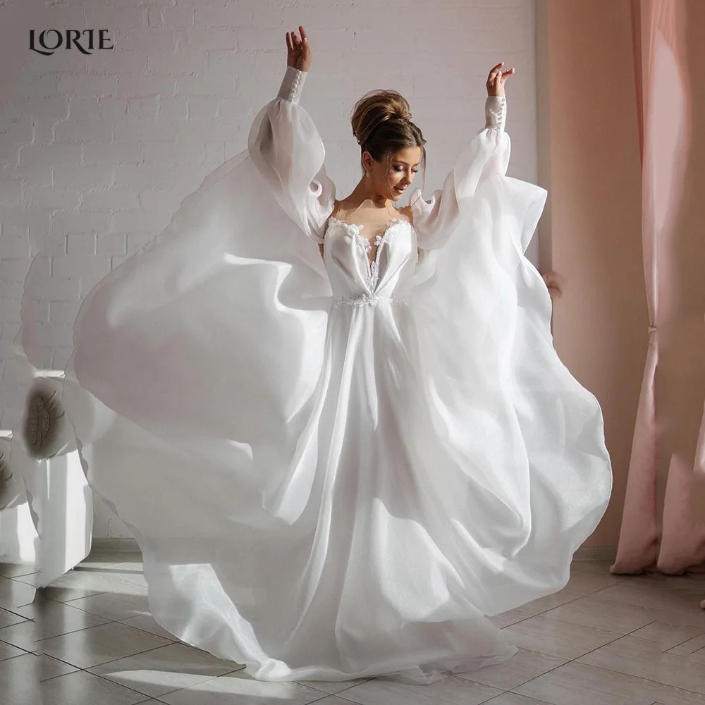 

LORIE Elegant Pearls Chiffon Wedding Dresses Low-Cut Puff Sleeves Backless Bridal Gowns Boho A-Line Princess Bride Dress 2022