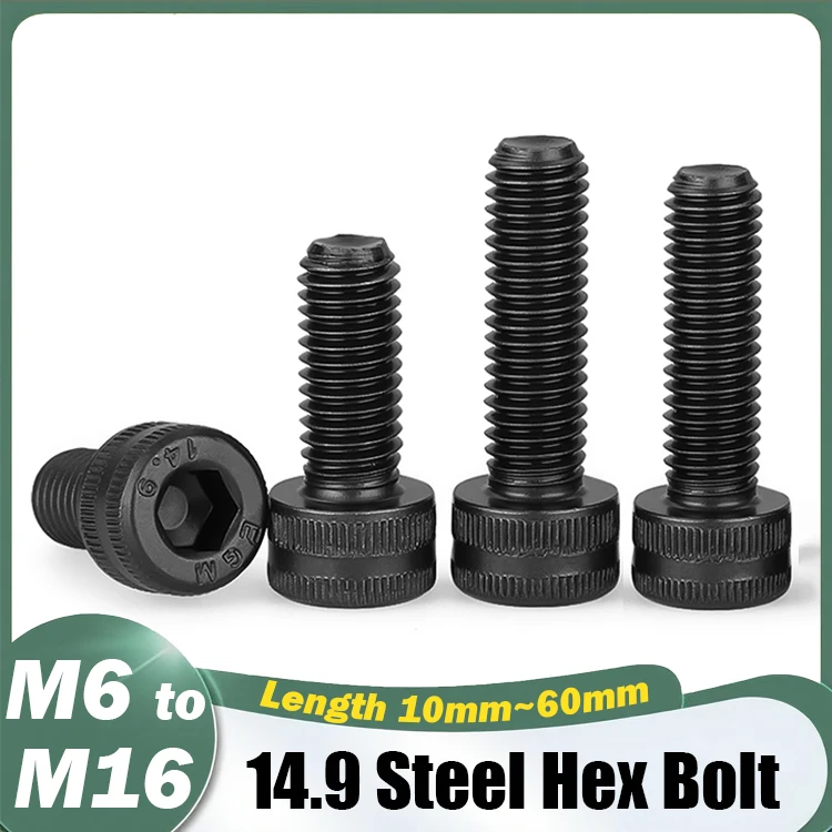 M6 M8 M10 M12 M14 M16 Black Grade 14.9 Steel Hexagon Hex Socket Cap Head Screw Bolt Nut Washer Length 10/12/16/20/25/30mm~60mm