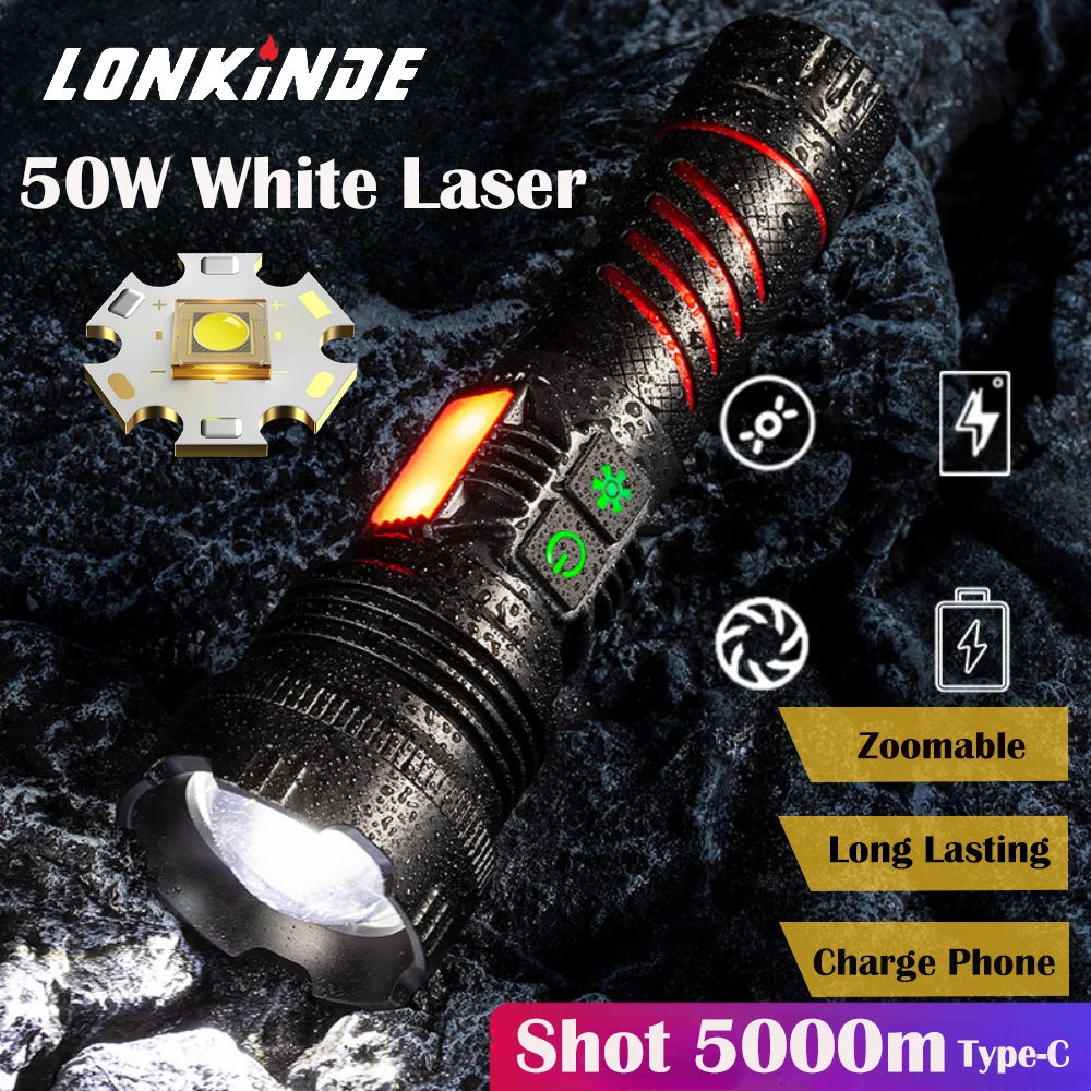 

100000LM Most Powerful Led Flashlight Rechargeable 50W LED Flashlights High Power Zoom Torch Long Range 5000m Tactical Lantren