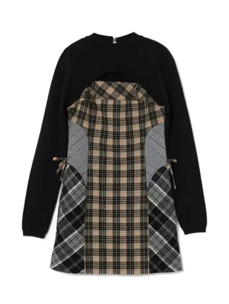 

Pure Desire Vintage Plaid Patchwork Mujer Bodycon Slim Waist Knit Lace Up Dress Japan Minority Hollow Out New Vestidos