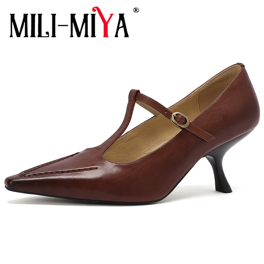 MILI-MIYA Vintage Polished Pointed Toe Women Cow Leather Pumps Thin Heels Pointed Toe Buckle Strap Big Size 34-40 Handmade