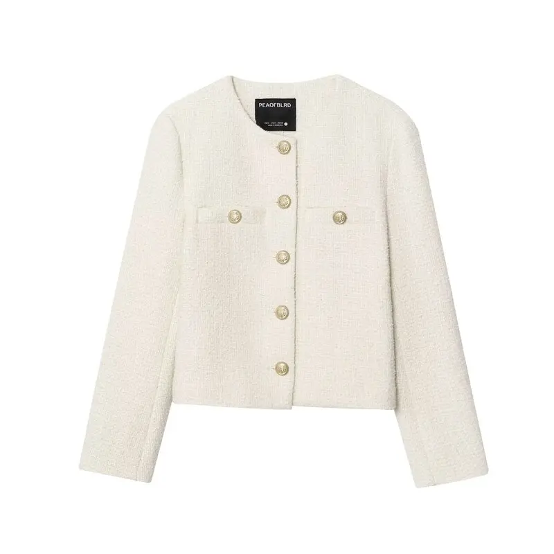 

2025 Autumn New Sle Women's Versatile Metal Bule Tweed Coat Casual Commute Loose Fit Long Sve round Ne ort Coat