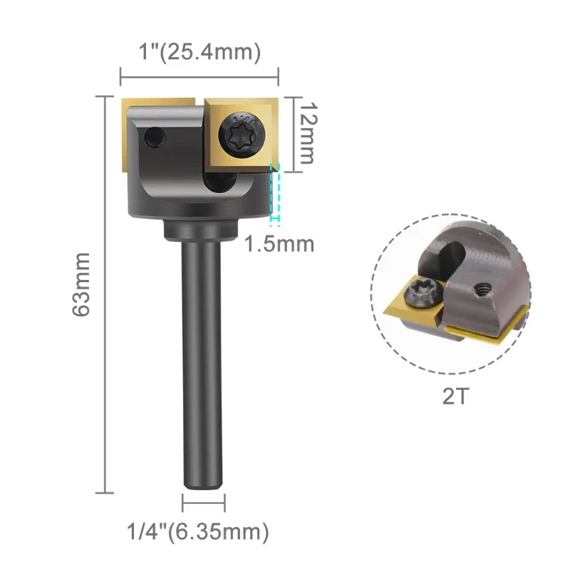 Indexable 2‑Flute Spoilboard Surfacing Router Bit Replaceable Titanium Coated Inserts Woodworking Milling Cutter 1/4