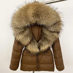 2024 Winter Jacket Women Natural Real Raccoon Fox Fur Collar Hooded White Duck Down Coat Belt Thick Warm Casual Outerwear
