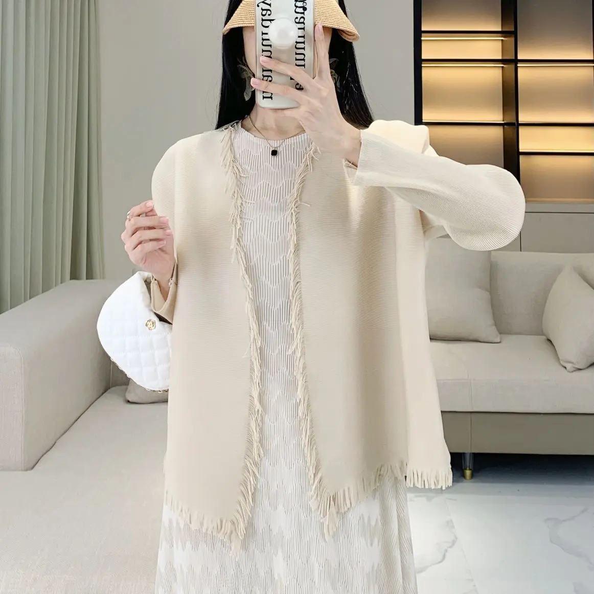 

Pleats Pleated Tops Women Spring Fall New High-end Tassel Pleated Long-sleeved Cardigan Short Jacket Without Buttons Outer Cloak