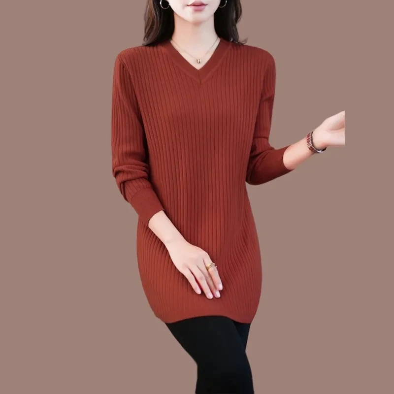 NEW Spring Autumn Large Size Knitted Sweater Women\'s Casual Loose V-Neck Long Knitwear Loose Solid Stretch Female Jumper Top 5XL