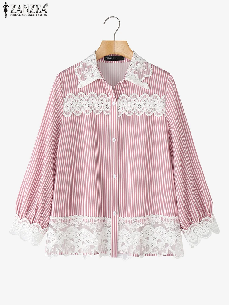 ZANZEA Damskie Koszule w Paski Modna Bluzka z Długim Rękawem i Koronką 2025 Codzienna Tunika Patchworkowa Oversize Jednolita OL Do Pracy Falbanki Pulowery