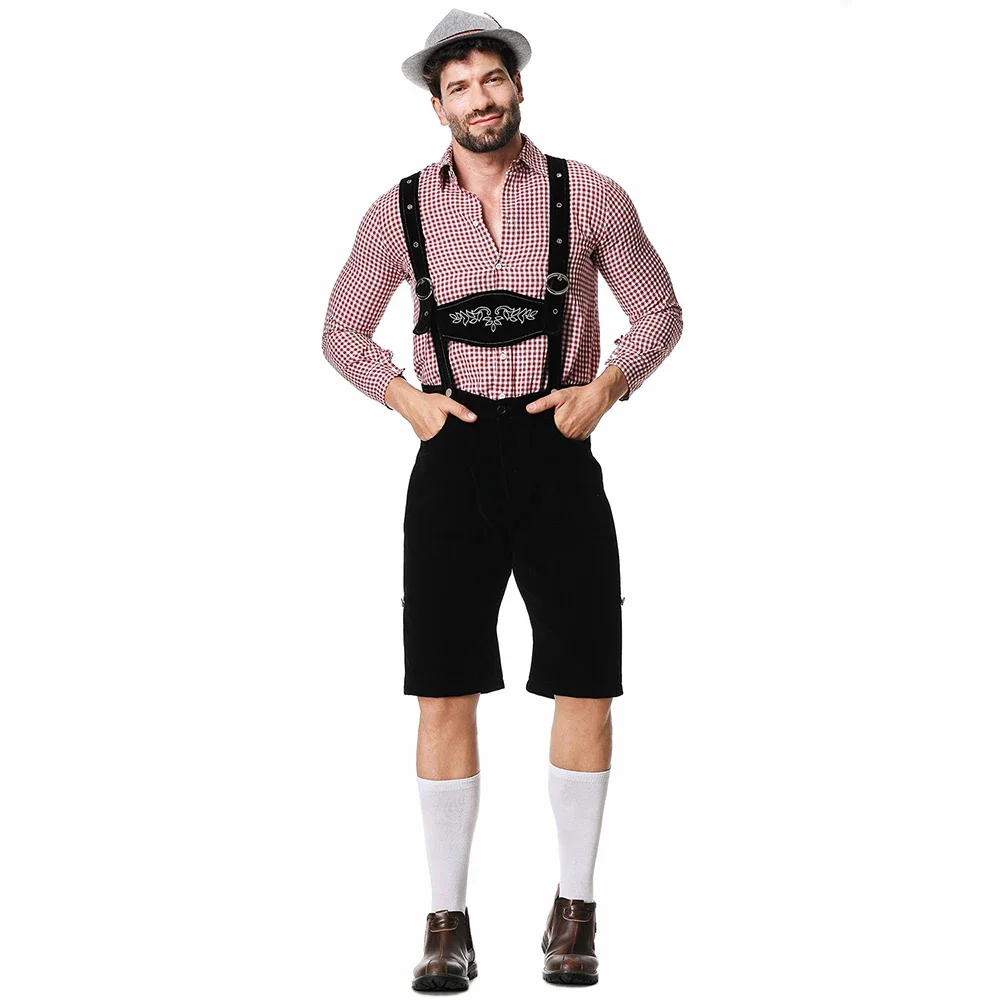 Herren Bayerisches Oktoberfest Lederhosen Kostüm Deutsches Bierfest Hosenträger Strampler Hemd Hut Set Halloween Cosplay Kostüme – Detail 12