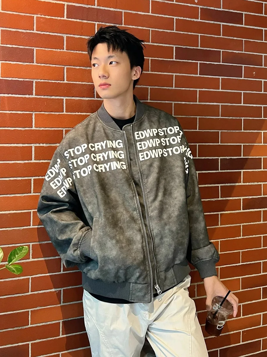 

Мужская демисезонная куртка из искусственной кожи с буквенным принтом и эффектом тай-дай, в американском ретро-стиле, для мотоциклистов