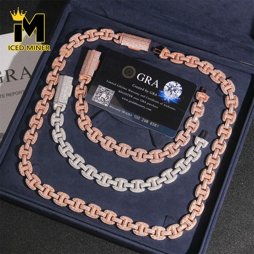 Icedminer 12mm Bean Chain Moissanite Link Chain Iced Out Necklaces For Men S925 Silver Choker Pass Tester Hip Hop Jewelry