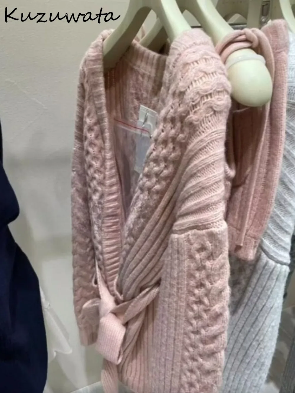 

Kuzuwata Simple Office Lady Solid Casual Cardigan All-match Advanced Twist Knit Jumper Japan Fashion Lace Up High Street Sweater