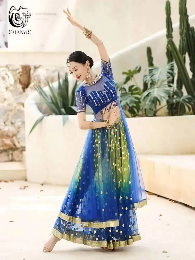 Ethnic Style Female Belly Dance Silk Sari With Pants And Lehenga Set  Ndian Dance Costume Embroidered Top Skirt Pants Lengha Set