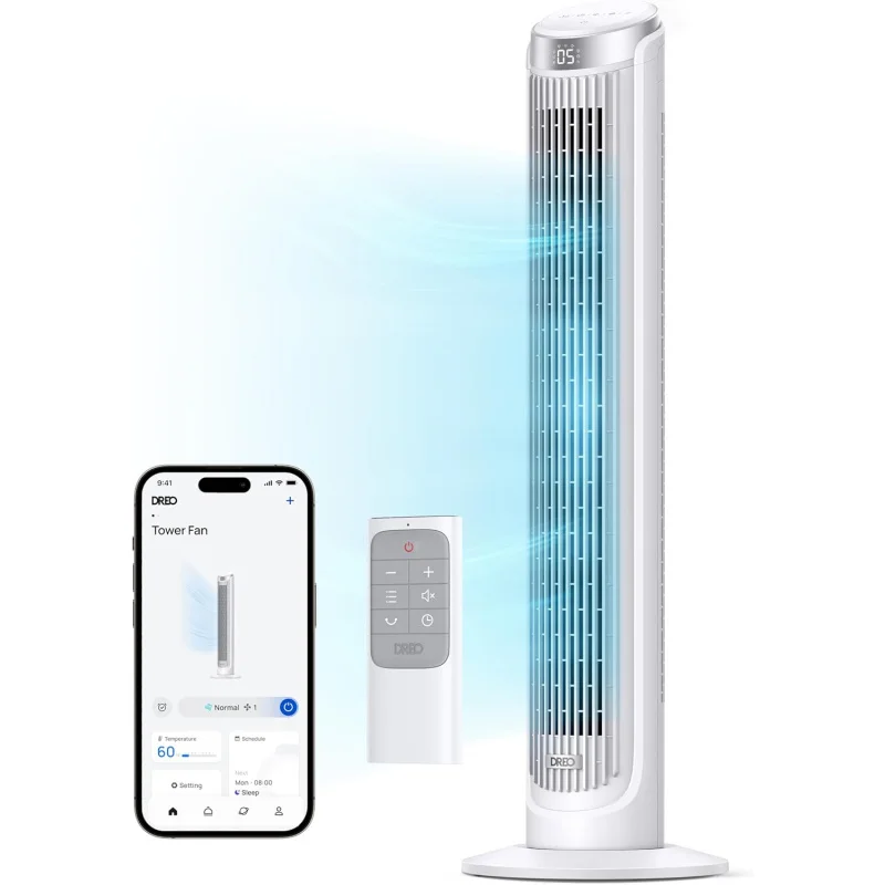 Dreo Smart Tower Fan for Bedroom, Standing Fans for Indoors, 90° Oscillating, 26ft/s Velocity Quiet Floor Fan with Remote, 8H Ti