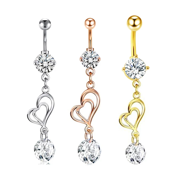 1PCS Surgical Steel Dangle Belly Button Rings Zircon Heart Navel Piercing Reverse Cute Belly Button Piercing Sexy Navel Ring