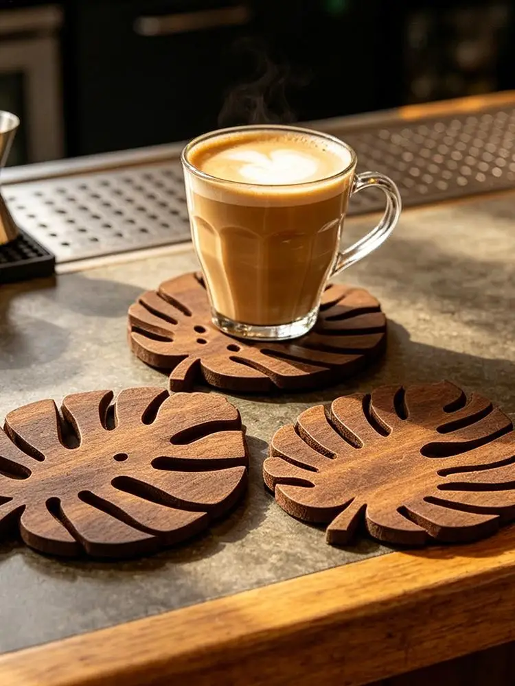 3Pcs Wooden Heat Resistant Trivet Set Monstera Leaves Design Kitchen Countertop Protector Desk Decor Table Coasters Cup Holder