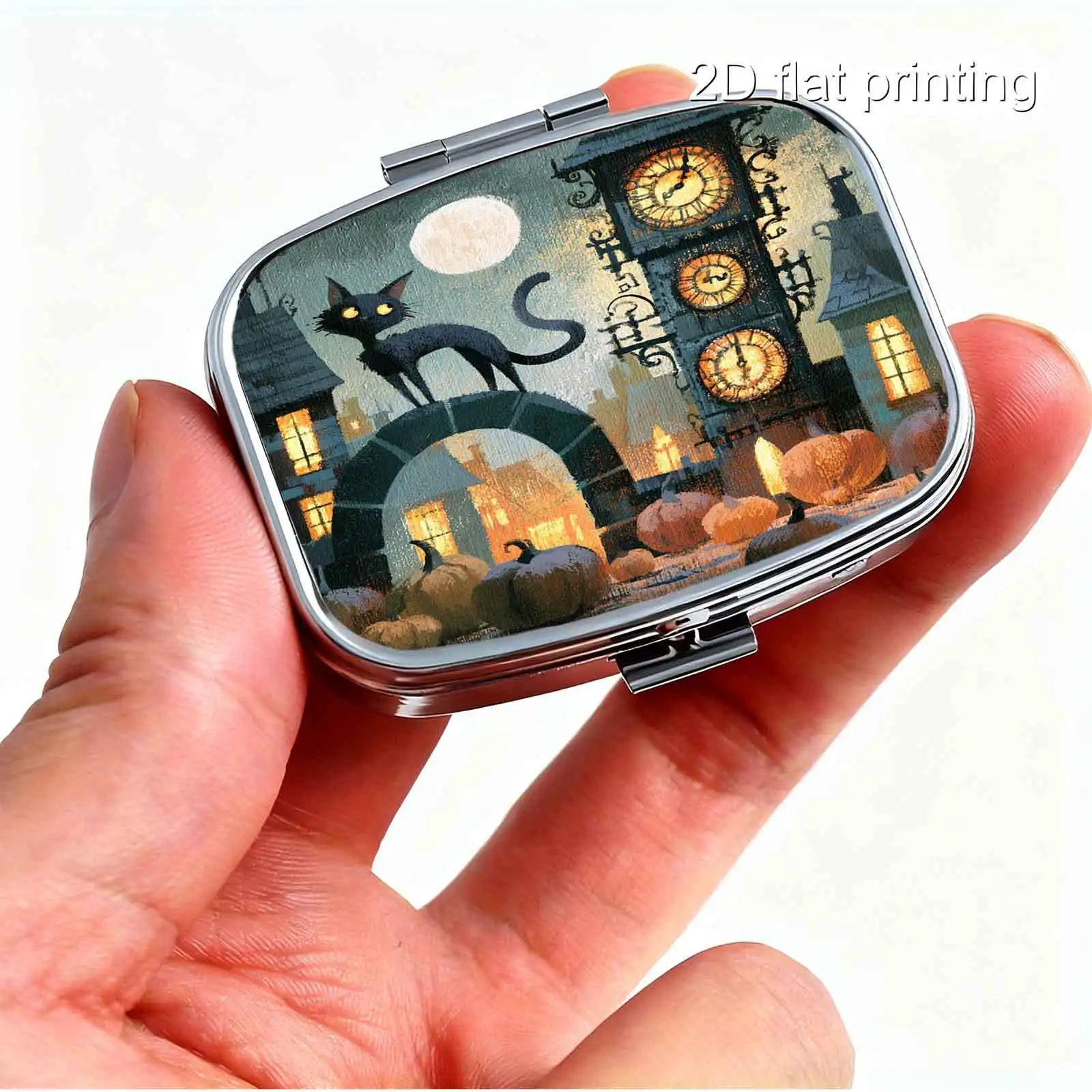 Portable Metal Material, Halloween Bell Tower Black Cat Full Moon Pumpkin Square Illustration, Retro Dark-Toned Warm Brown Watercolor Square Style Design Capsule Box Portable Small Pill Box Pocket-Sized Pill Box Pill Capsule Compact Jewelry Box Compartmentalized Design Easy to Store Lightweight Convenient Gift Choice Portable On-The-Go