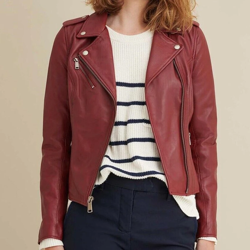 

Women Leather Jacket Red Soft Real Leather Slim Fit Fashion Biker Jacket