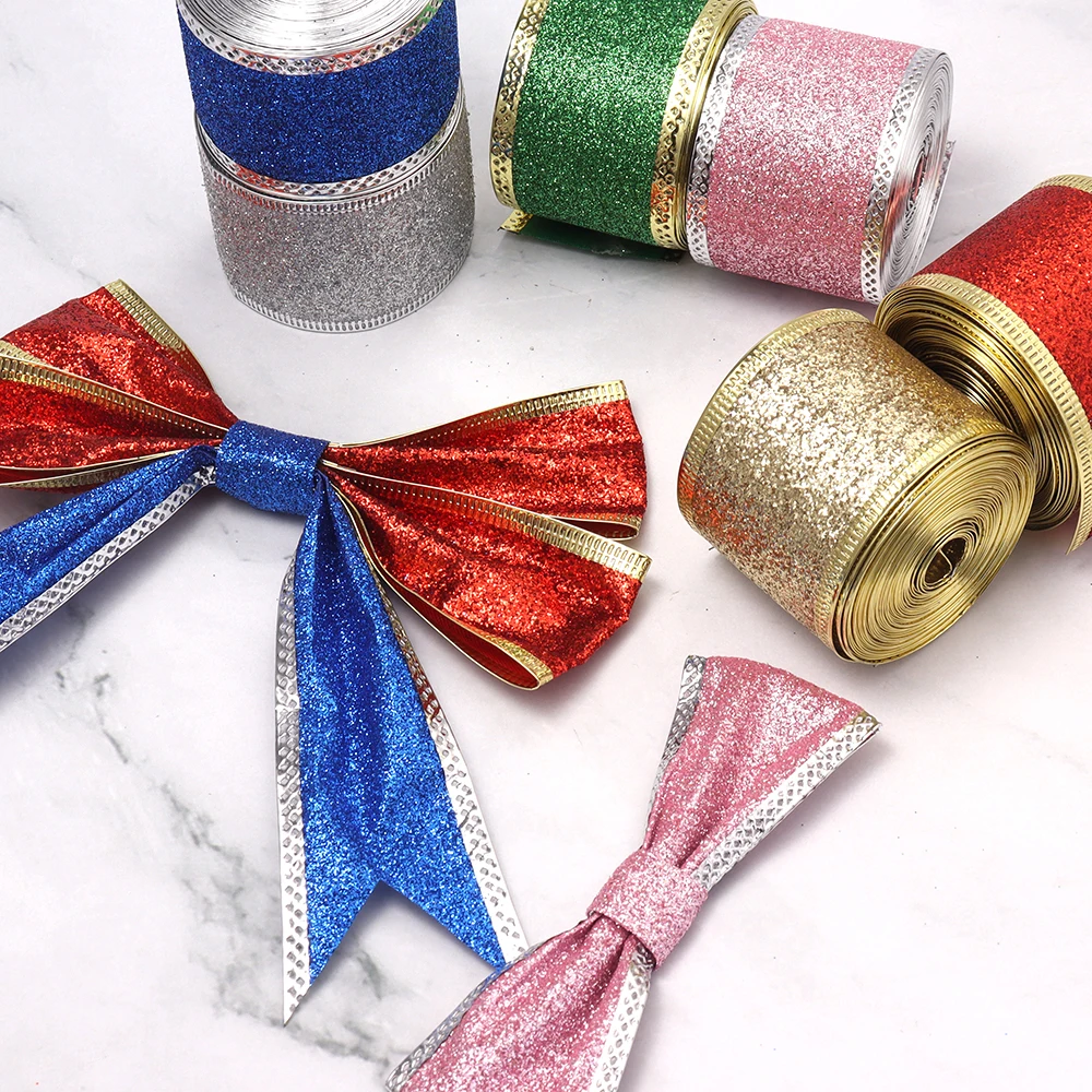 5 m/Rolle 3,8 cm glänzendes Glitzer-Weihnachtsband, handgemachte Schleifen, Geschenkverpackungsband, DIY-Weihnachtsbaum, Festdekoration für Partys – Detail 2