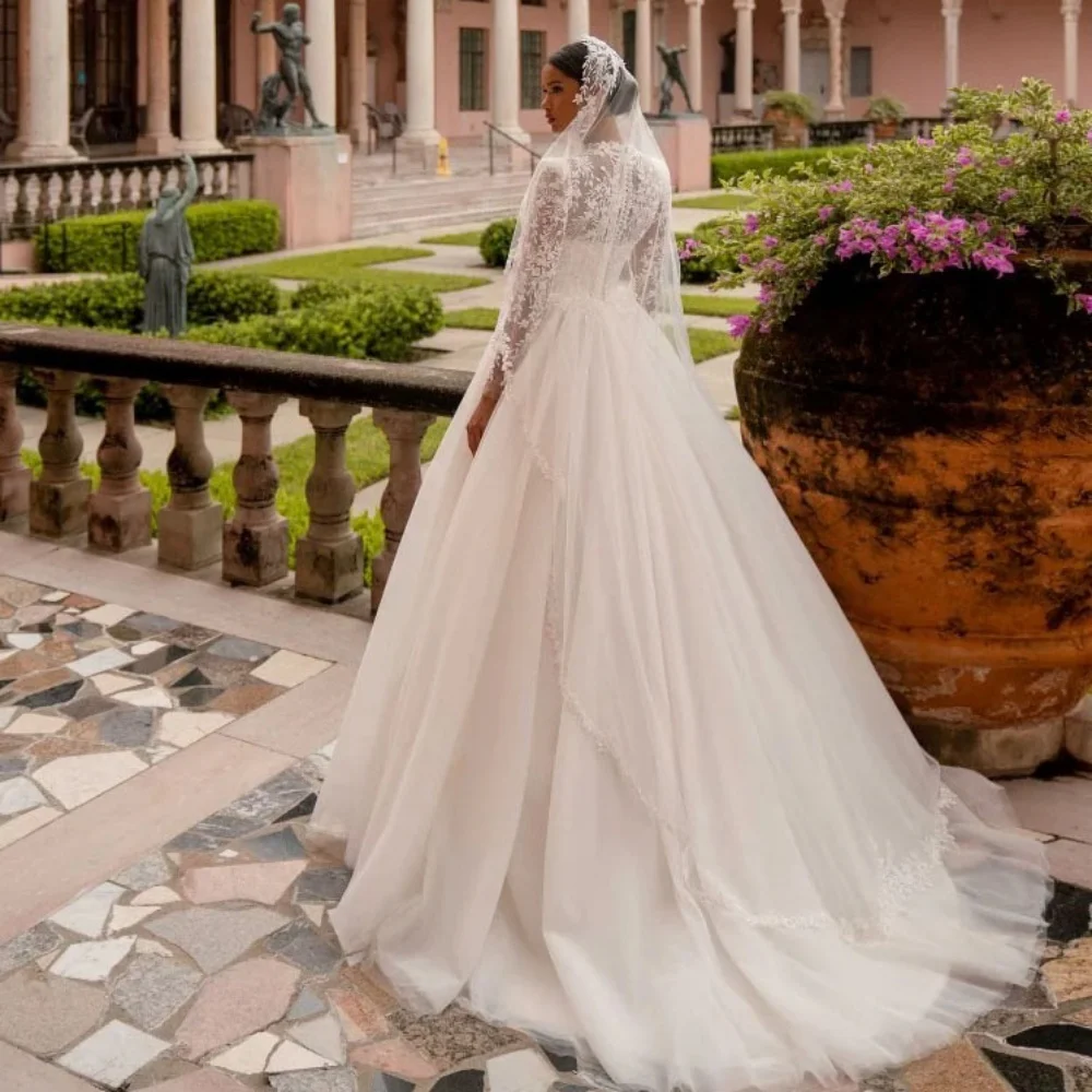 Tule uma linha personalizado elegante noiva robes clássico vestidos de casamento manga longa apliques vestido de baile de noiva novia