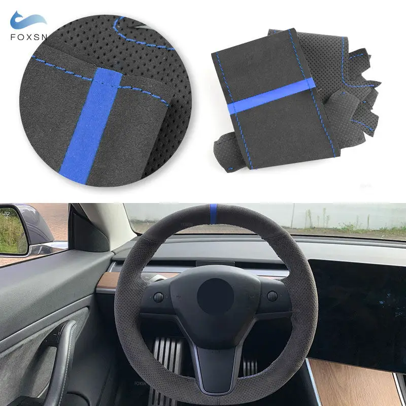 Car Inner Accessories Steering Wheel Cover Suede Leather Trim For Tesla Model 3 2015 2016 2017 2018 -2021 Model Y 2019 2020 2021