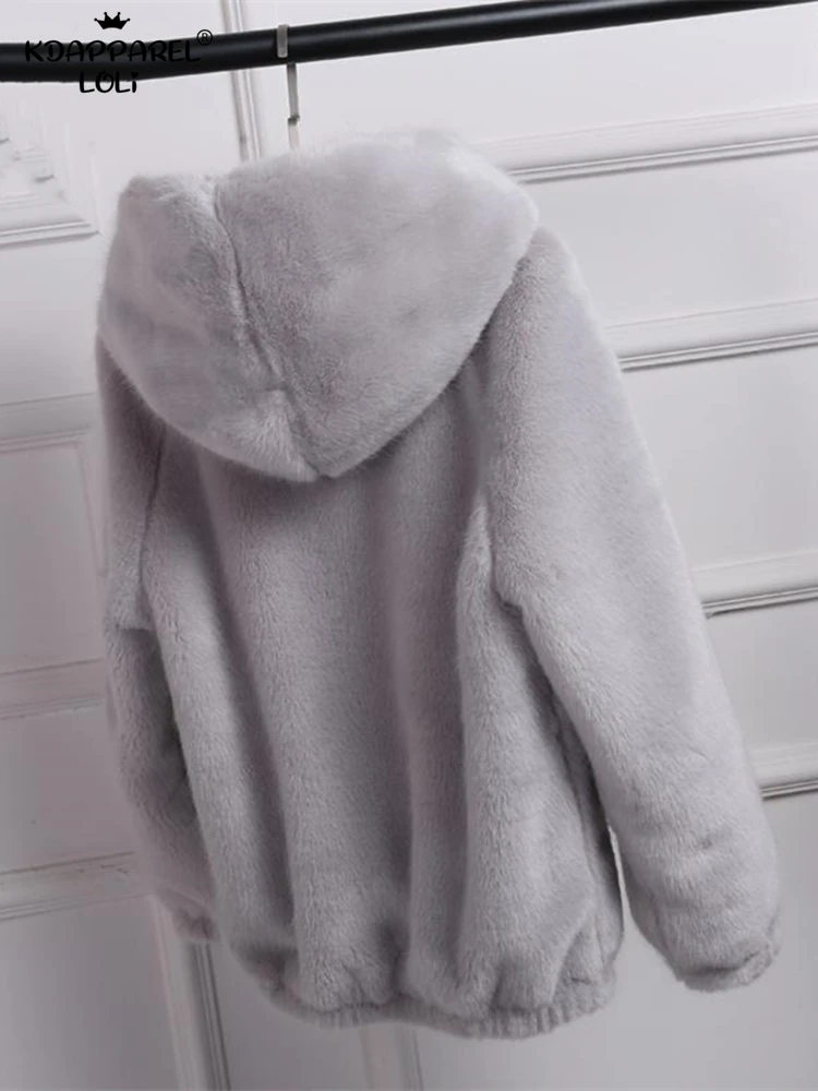 Winter Warm New Faux Mink Casual Women Faux Fur Coat Hooded Furry Fake Rabbit Fur Ladies Jacket Zipper Pink Outwear Plus Size