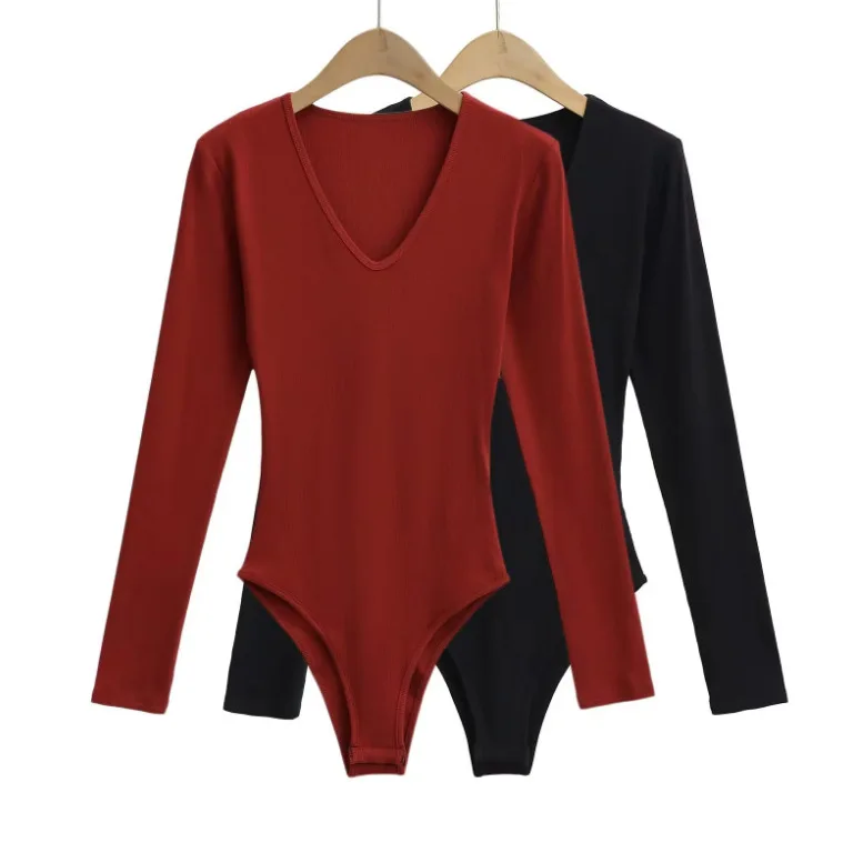 

Women Long Sleeve Ribbed V Neck Bodysuit Jumpsuit
