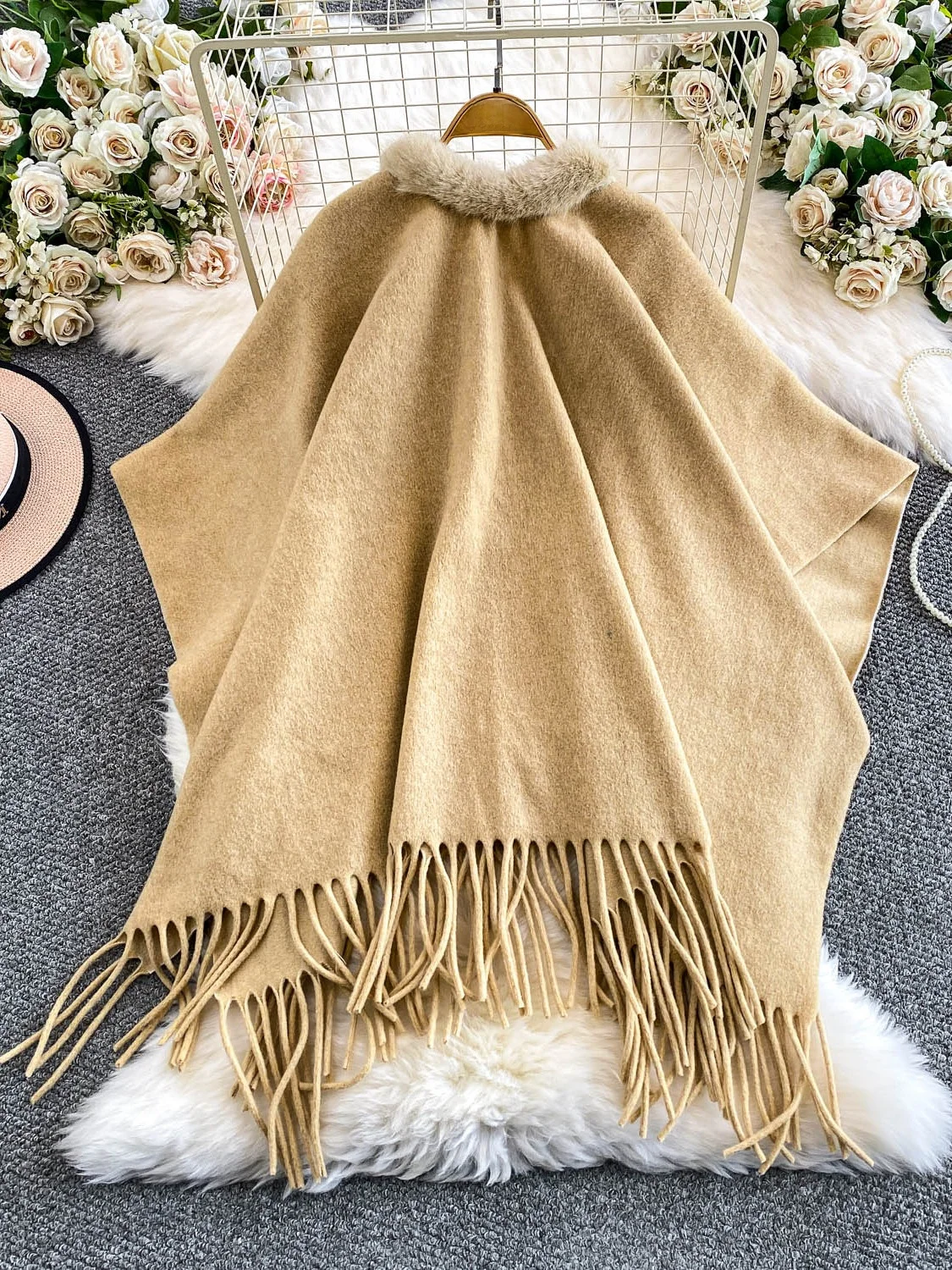 Ele المتضخم الفراء المرقعة awl معطف المرأة الشتاء منتصف طول غير المتكافئة مهدب سترة ملابس مكتب عادية