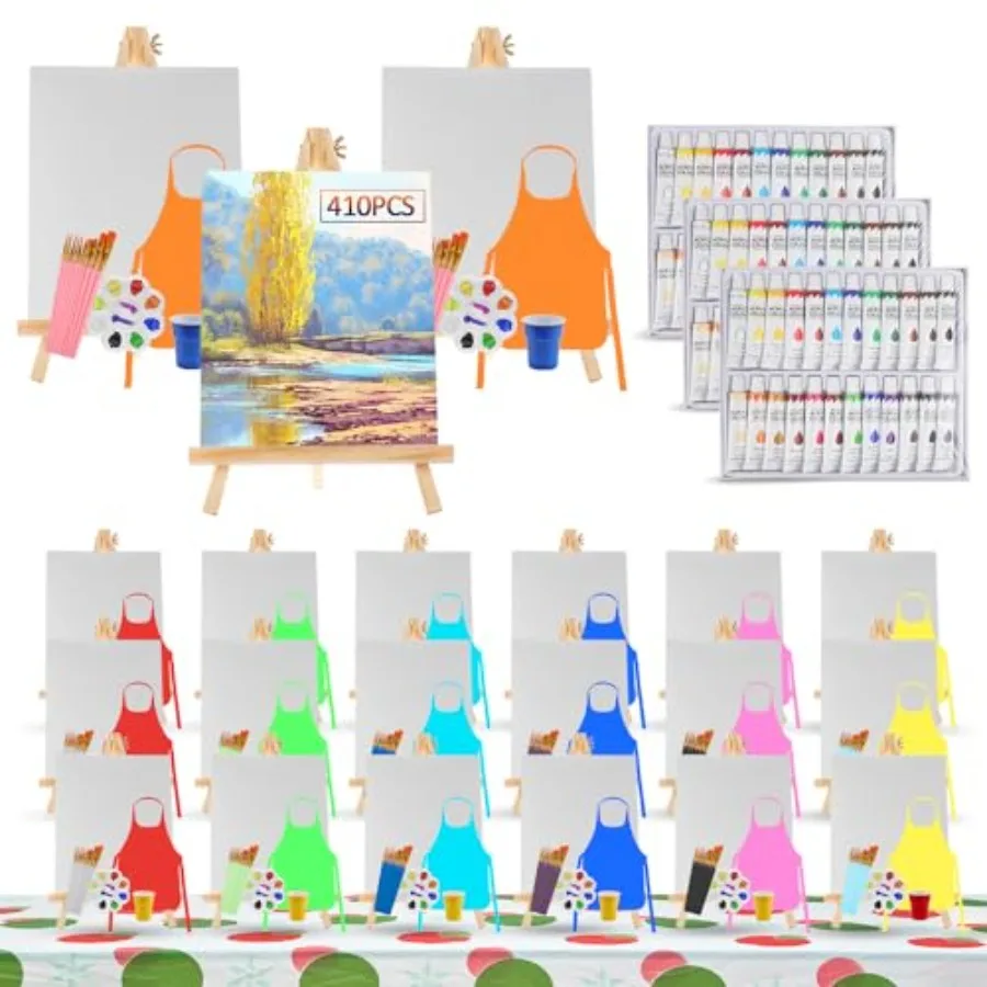 

Art Painting Kit for Parties: 410 Pcs Set with 210 Brushes, 72 Acrylic Paints, 21 Wood Easels, Canvas Panels, Palettes, Aprons,