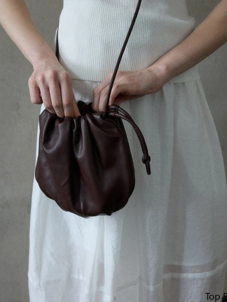 Minimalist Everyday Casual Mini Bucket Crossbody Bag for Women Pu Leather Drawstring Closure Soft Touch Lightweight Luxury