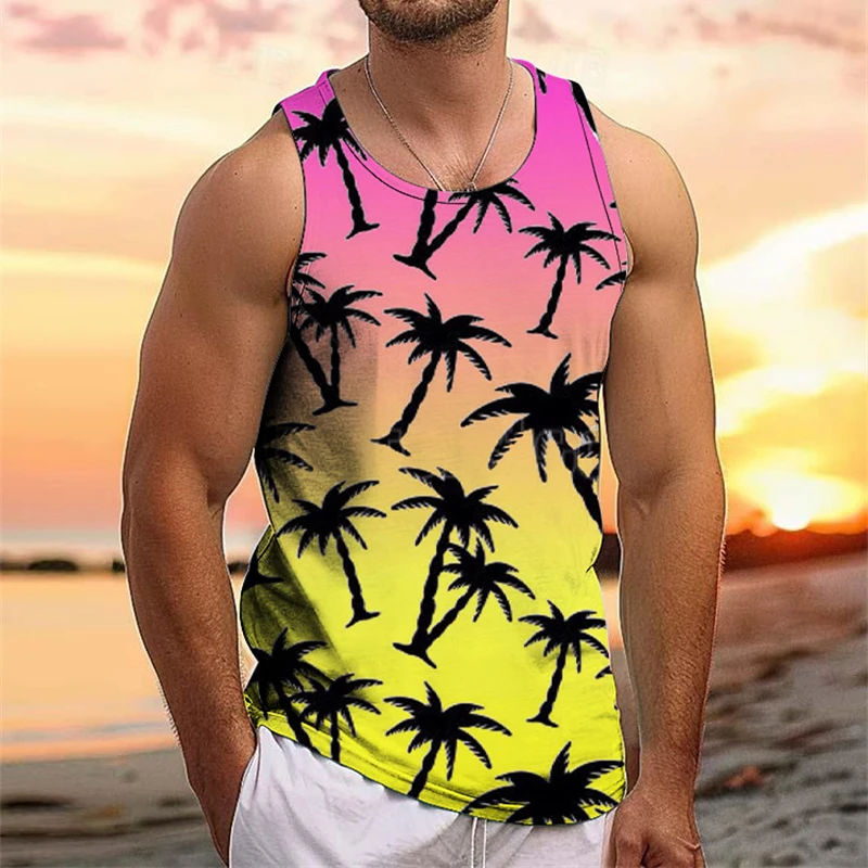 Colorful Gradient 3D Print Men Summer Tank Top Hawaiian Casual Funny Coconut Tree Pattern Sleeveless T-shirt Daily Casual Vest