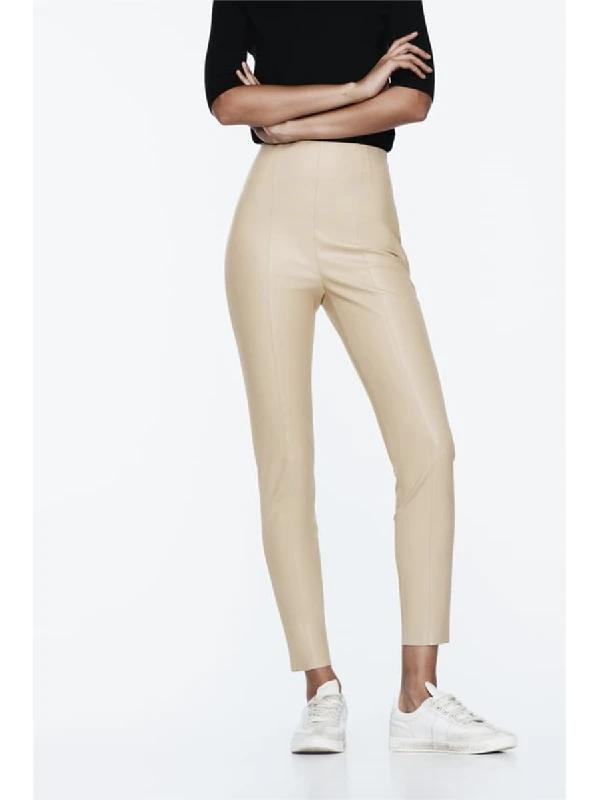 Damskie spodnie casualowe z wysokim stanem, imitacja skóry, obcisłe, uniwersalne, wyszczuplające, rekreacyjne spodnie o kroju ołówkowym 8372294