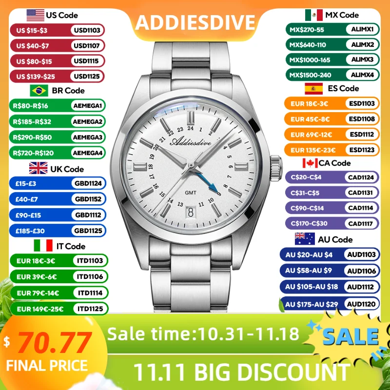 ADDIESDIVE Men's Watch Swiss Landa 515-24H GMT Quartz Watches 100m Waterproof Bubble Glass Stainless BGW9 Luminous Reloj Hombre