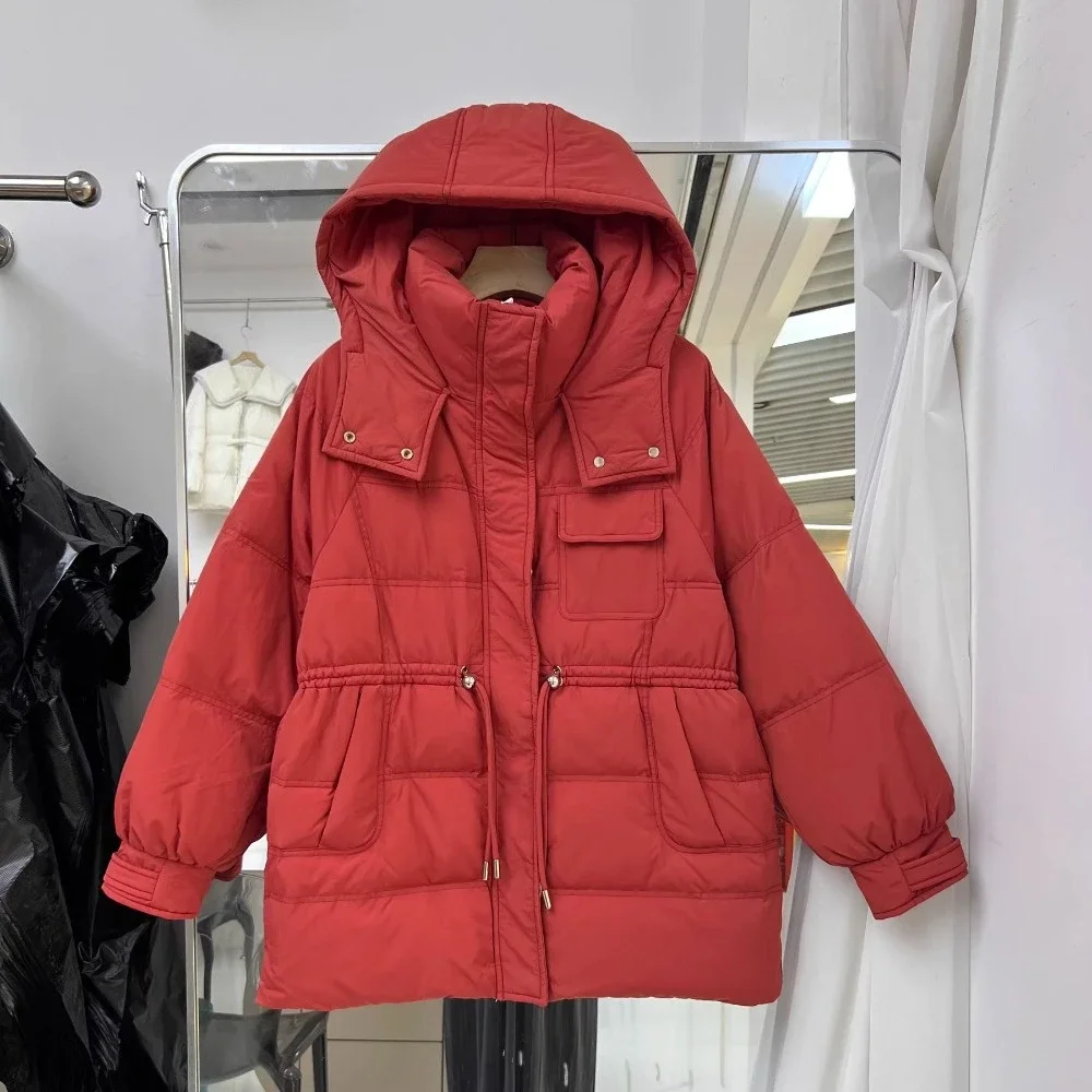 

Hooded Down Jacket 2025 Autumn Winter New Women White Duck Feather Coat Mid Long Street Slim Fit Warm Outwear Thick Fashion Coat