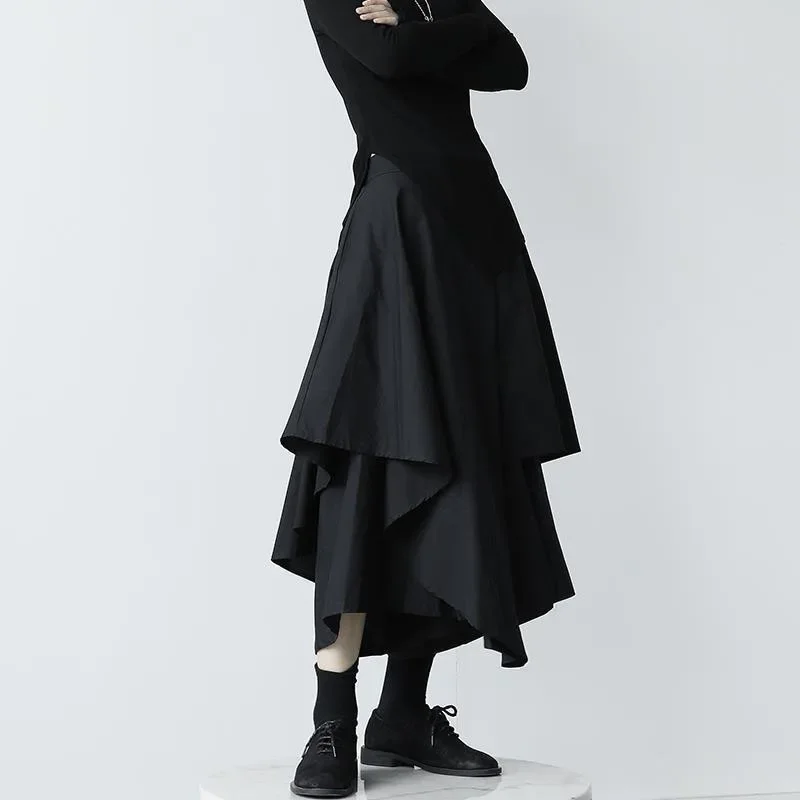 Women Black Skirts Japanese Gothic Irregular High Waist Pleated Skirt Pants for Women Vintage Cargo Skirts Female Clothes Ladies