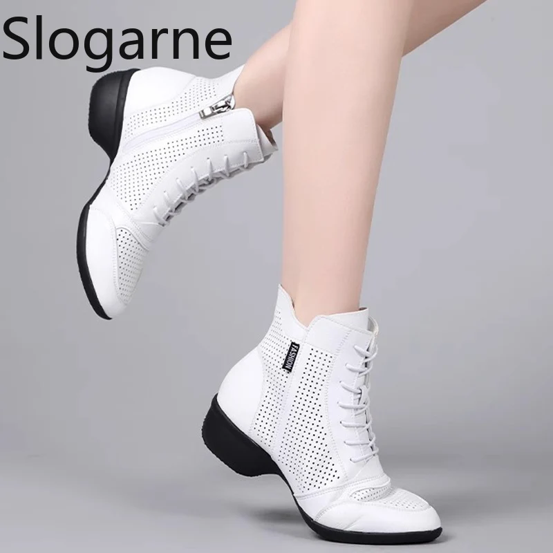 New Leather Ankle Dance Boots Women Soft Latin Jazz Waltz Social Dance Shoes Ladies Pole Dancing Boots 4CM Heels Sports Shoes