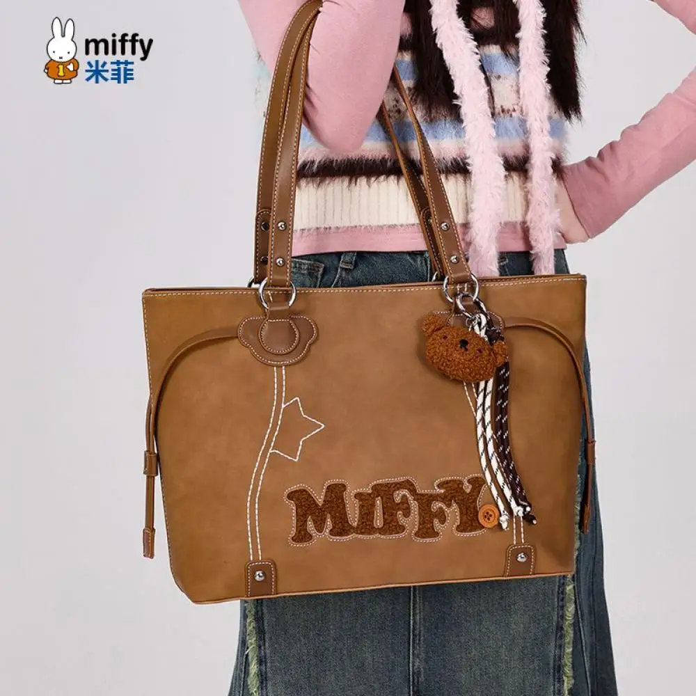 

Brown Miffy Tote Bag With Bunny Charm Fashion Large Handbag For Women Cute Cartoon Shopping Bag Daily Travel Bag