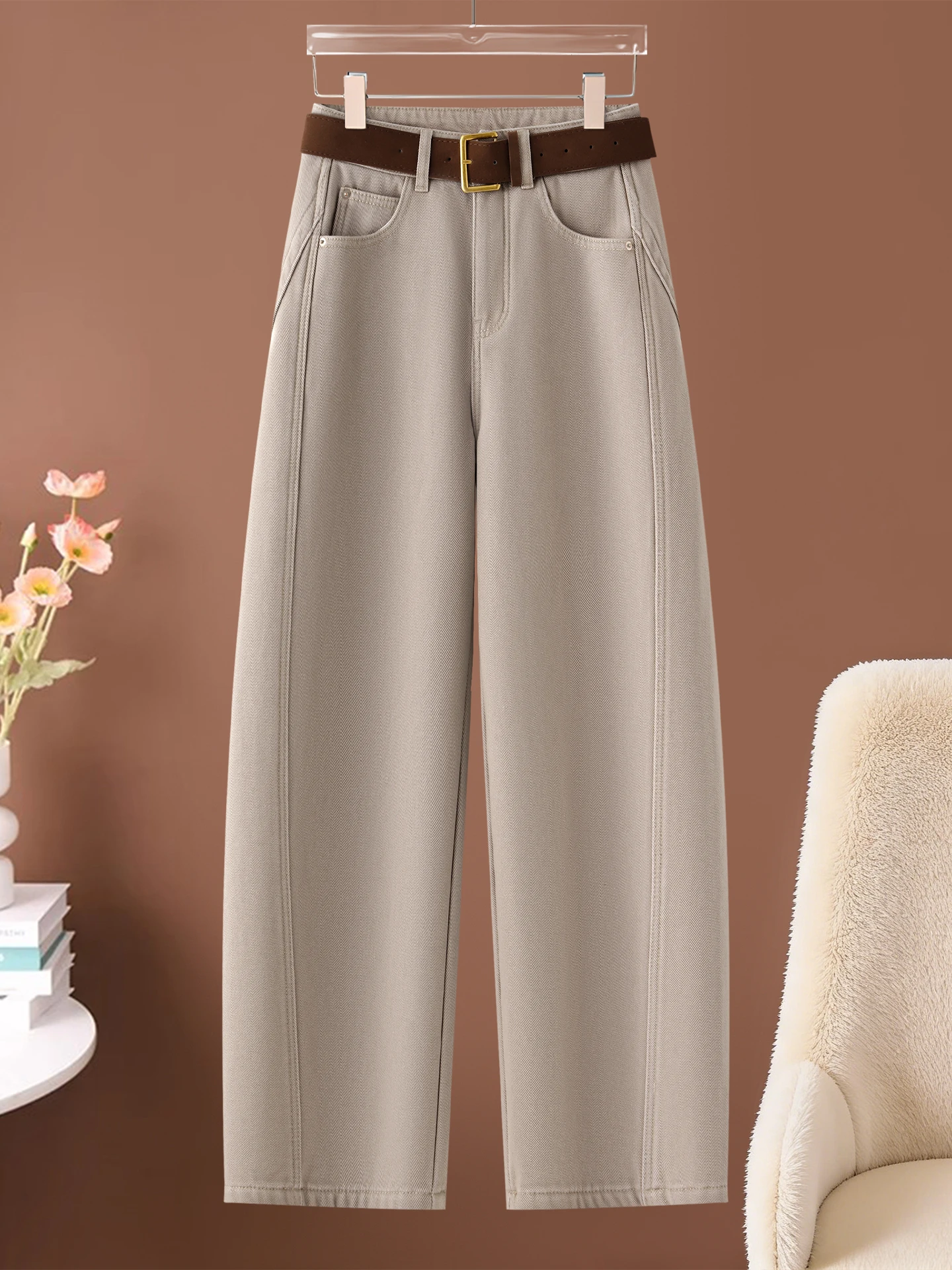 

High Waist Fleece Lined Wide Leg Knife Denim Jeans Women's Casual Straight Leg Pants Autumn Winter New Style