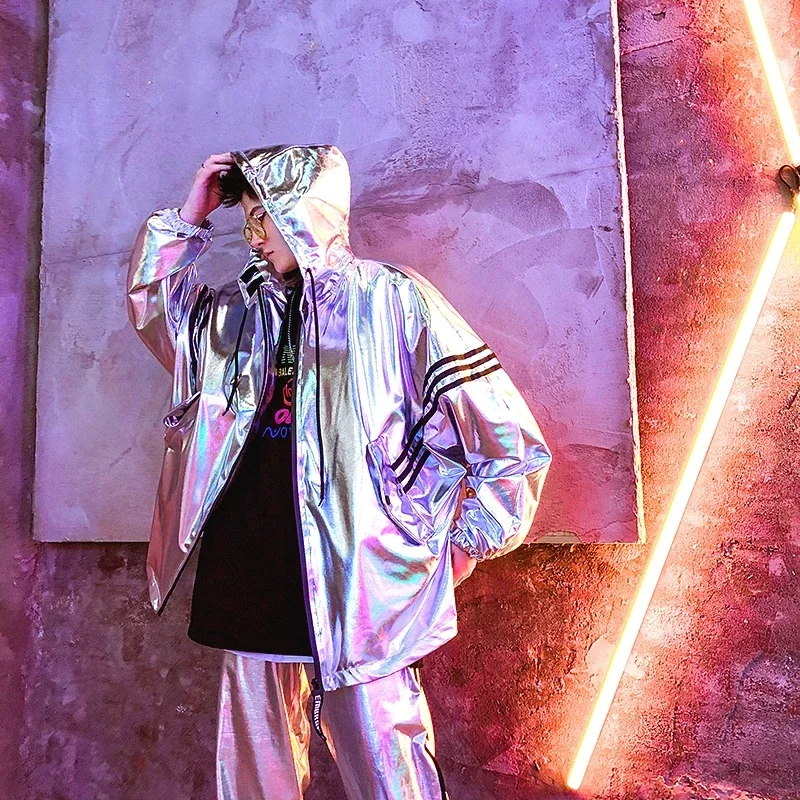 

Silver Metallic Hooded Jacket Hip Hop Jazz Stage Show Boy's Coat ( only for jacket )