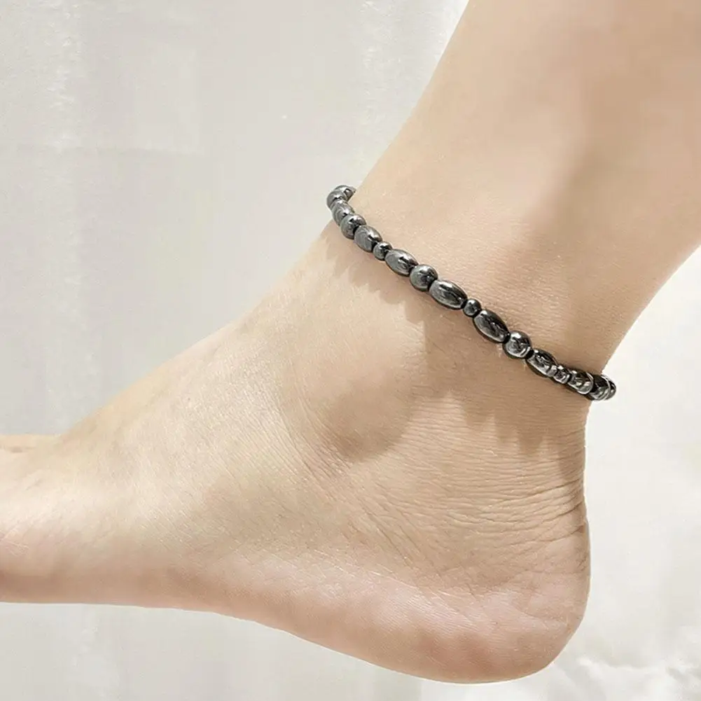 Lose Weight Girl Women Men Charm Magnetic Black Stone Stretch Magnetic Anklets Beads Obsidian Therapy Gifts Round Jewelry I4W2