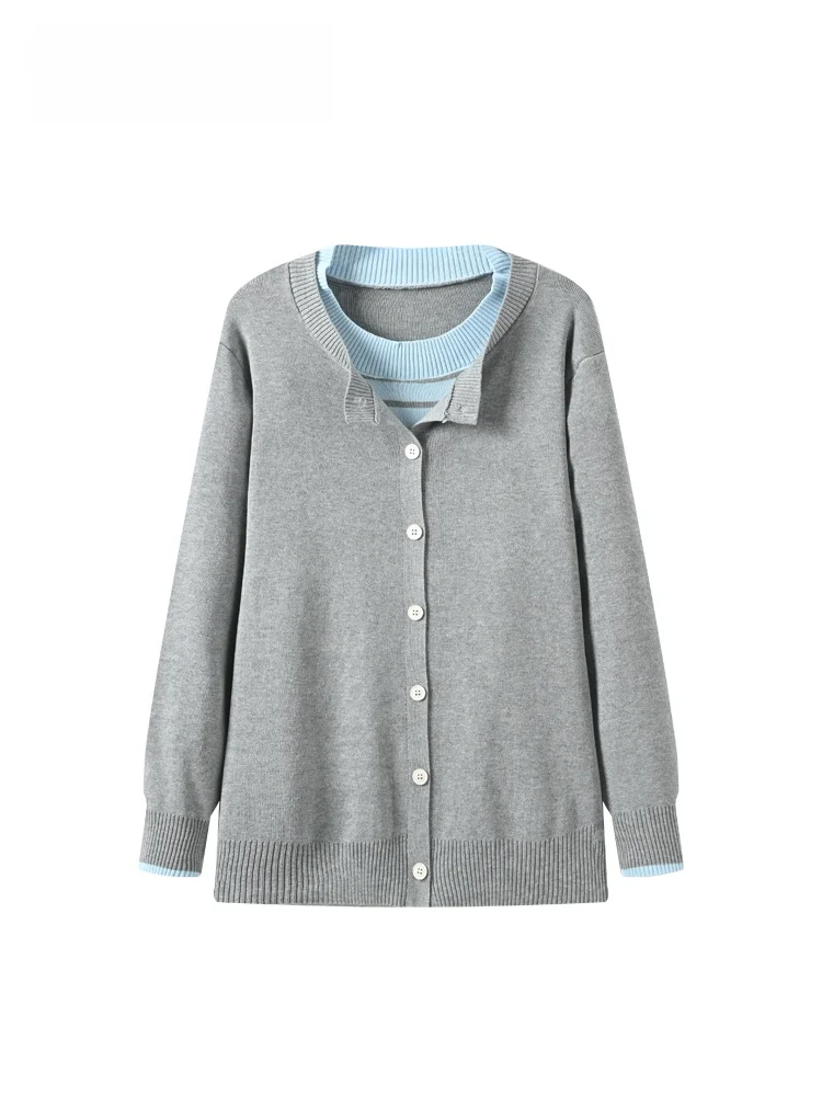 

plus Size Knitted Long Sve round Ne Sweater Women's Spring College Sle Age Reduction Fake Two-Piece Top Fat Sister