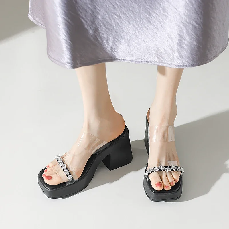 

Female Shoes Slippers Women Summer Heeled Mules Luxury Slides Square heel Platform 2025 High Designer Transparent Block Fashion