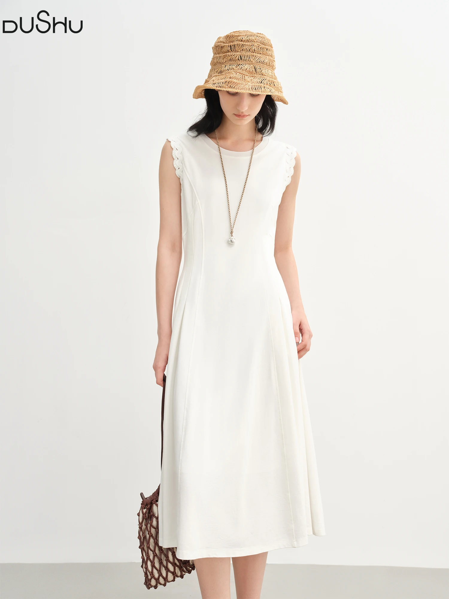 

DUSHU Plus Size Women's Wave Lace Sleeveless Waist Dress 2025 Summer New Commuting Temperament Vest Dress 25DS82483